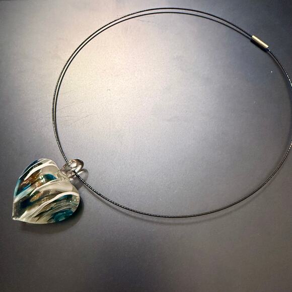 Unique Artisan Glass Heart-Shaped Blue White & Gold Pendant - Picture 7 of 8